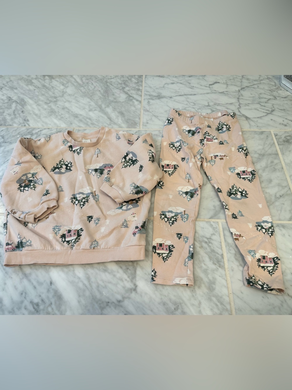 Girls Pink Holiday Set - Scenic Cabin Print